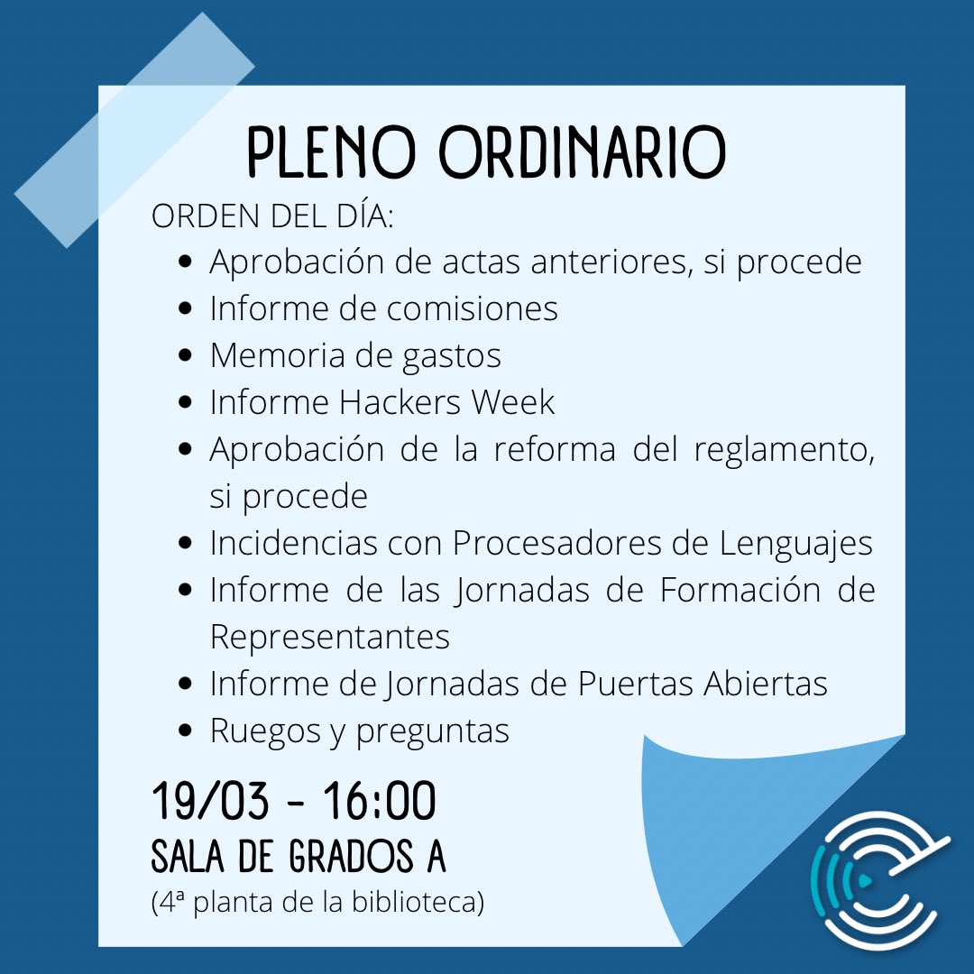¡Tenemos pleno el próximo martes 19!

Os recordamos que está abierto para cualquier estudiante, sea o no del CEETSII.