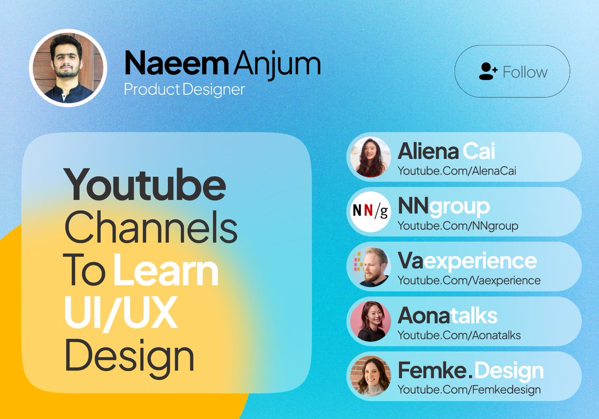 thisnaeem's tweet image. Youtube Channels to learn UI/UX Design
#UIUXDesign #YouTubeChannels #DesignLearning #UserExperience #UserInterface #DigitalDesign #DesignTutorial #CreativeLearning #OnlineEducation #DesignCommunity