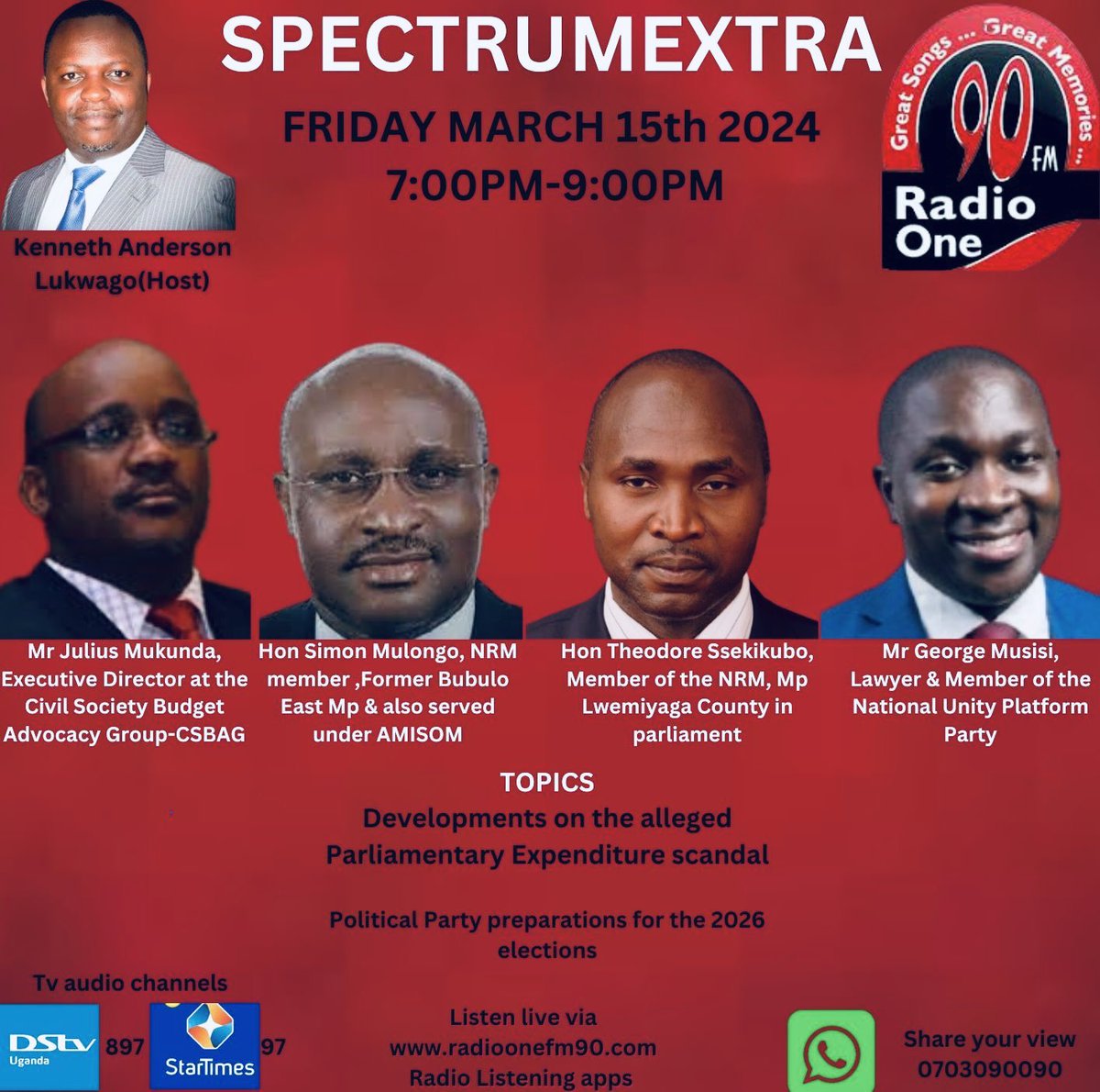 Kenneth Anderson Lukwago (@anderlukson) on Twitter photo Tonight#SPECTRUMEXTRA with <a href="/JuliusMukunda/">Julius Mukunda - truth always counts!</a> of <a href="/CSBAGUGANDA/">CSBAG (csbag.org)</a> <a href="/SsekikuboT/">Ssekikubo Theodore</a> of <a href="/Parliament_Ug/">Parliament of Uganda</a> <a href="/simonmulongo/">Simon Mulongo</a> of <a href="/NRMOnline/">NRM Party</a> <a href="/GeorgeMusisi4/">George Musisi</a> of <a href="/NUP_Ug/">National Unity Platform</a>
Join the debate <a href="/CharityKalebbo/">Charity Kalebbo</a> <a href="/PerryAritua/">Perry Aritua</a> <a href="/JosephinNdagano/">Josephine Ndagano</a> <a href="/rs1elvis/">Elvis Kalema Ntale</a> <a href="/fssenjobe/">Ssenjobe Francis</a> Tonight#SPECTRUMEXTRA with <a href="/JuliusMukunda/">Julius Mukunda - truth always counts!</a> of <a href="/CSBAGUGANDA/">CSBAG (csbag.org)</a> <a href="/SsekikuboT/">Ssekikubo Theodore</a> of <a href="/Parliament_Ug/">Parliament of Uganda</a> <a href="/simonmulongo/">Simon Mulongo</a> of <a href="/NRMOnline/">NRM Party</a> <a href="/GeorgeMusisi4/">George Musisi</a> of <a href="/NUP_Ug/">National Unity Platform</a>
Join the debate <a href="/CharityKalebbo/">Charity Kalebbo</a> <a href="/PerryAritua/">Perry Aritua</a> <a href="/JosephinNdagano/">Josephine Ndagano</a> <a href="/rs1elvis/">Elvis Kalema Ntale</a> <a href="/fssenjobe/">Ssenjobe Francis</a>