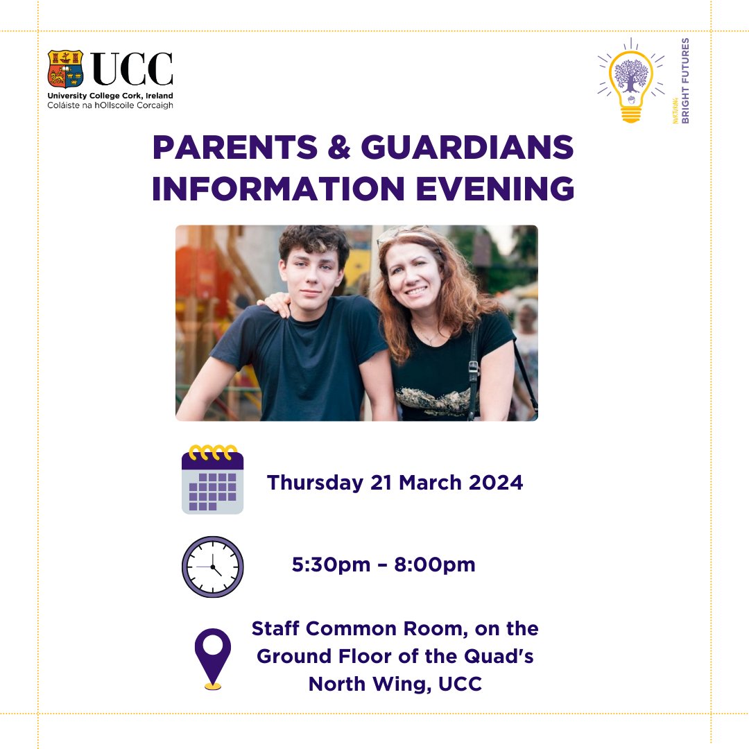 📢 Calling all Parents, Guardians & Supporters! 🗓️ Join us on 21 March for our Parents & Guardians information evening. Meet @UCC staff and find out all about our courses. 🔗 Register: lnkd.in/eqQRDSkh