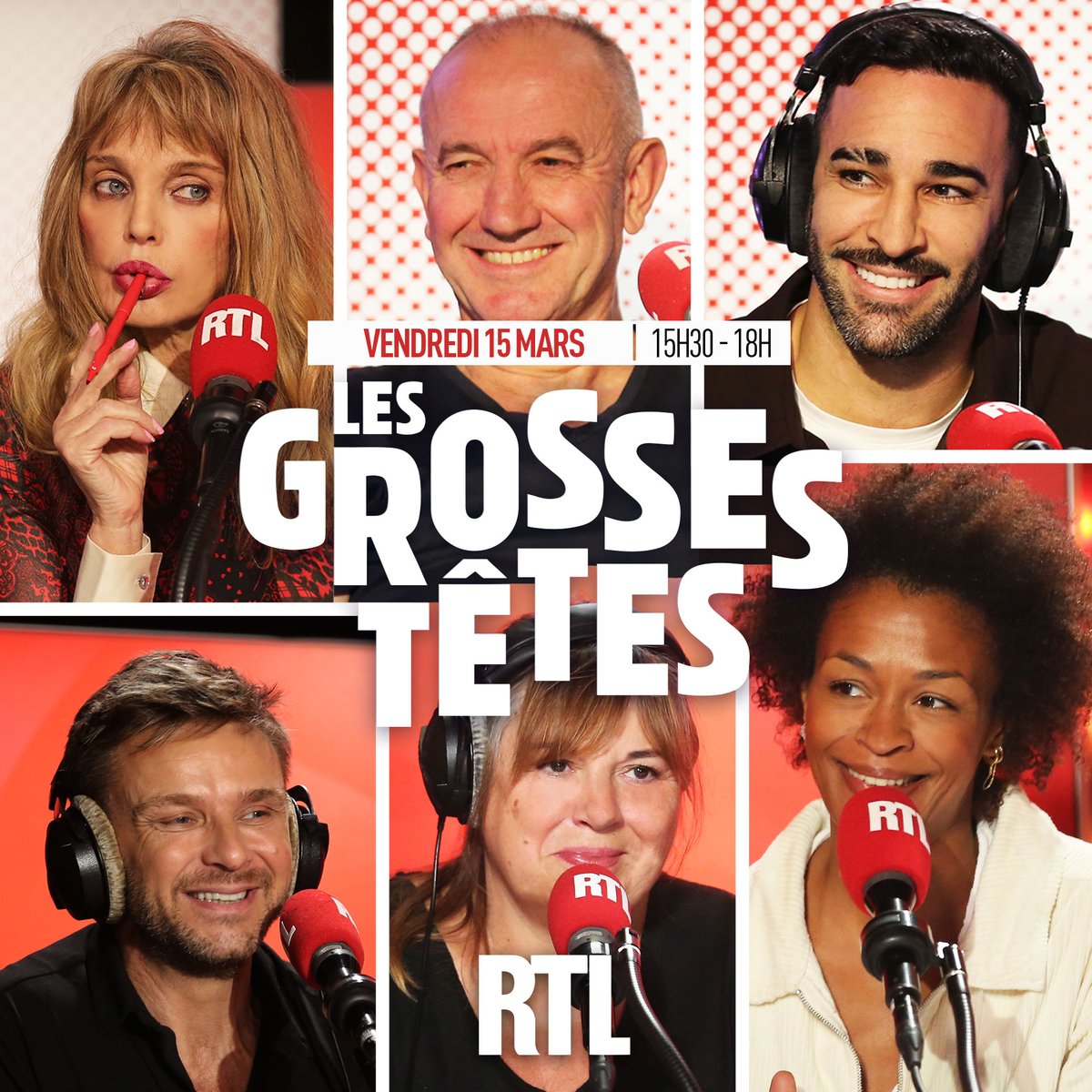 GrossesTetesRTL's tweet image. Bonjour à tous ! Découvrez Les Grosses Têtes de ce vendredi 15 mars. Autour de @ruquierofficiel aujourd'hui :
🎭 @Bernier_Michele
⚽ #AdilRami
🎞️ @ArielleDombasle
✈️ @Jeanfi_Janssens
🖋️ #PhilippeClaudel
📚 @KhanNRachel
📻 Coup d'envoi de l'émission 👉 15h30 sur RTL