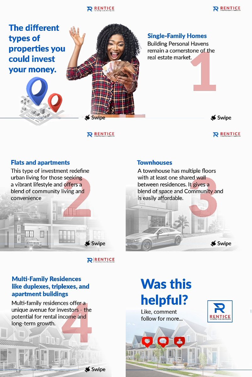 rentice_co's tweet photo. The different types of properties you could invest your money.
Single-Family Homes:
Flats and apartments:
Townhouses:
Multi-Family Residences like duplexes, triplexes, and apartment buildings
#PropertyExploration #RealEstateDiversity #RenticeEducation https://t.co/klg3uQuU1Q