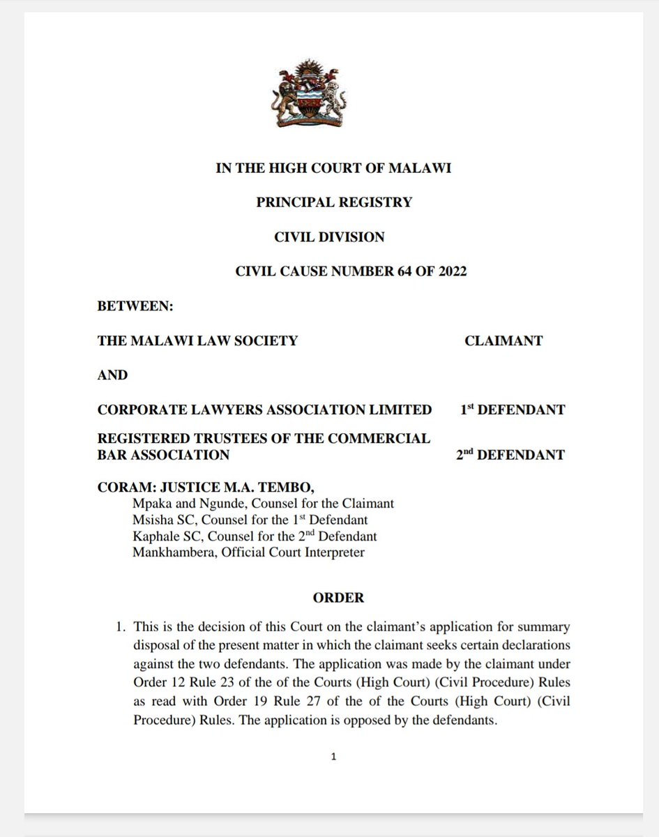 malawilii.org/akn/mw/judgmen…
#Professional #monopoly #CompetitionLaw #Human #Rights
🎯Lawyers have a right to form independent professional associations to represent their interests & promote continuing education among others. PER MICHAEL TEMBO J.
-Thread-