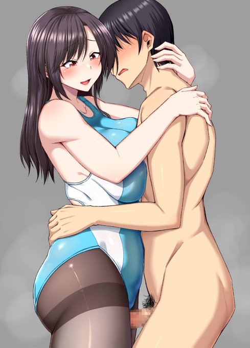 競泳水着ストッキングなフェチ衣装のむちむちお姉さんの太ももに挟まりたい性癖絵です。 