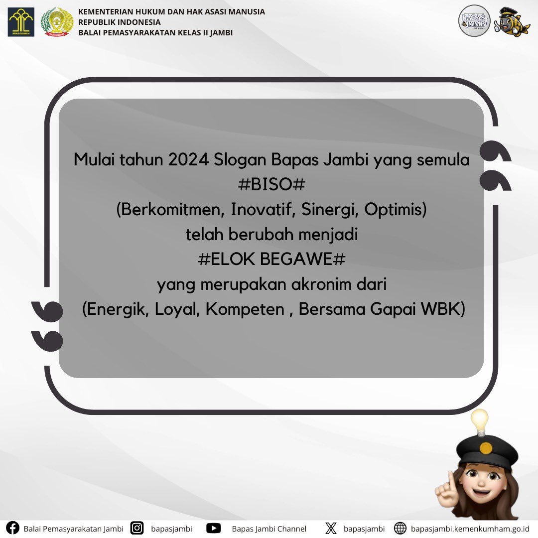 bapasjambi's tweet image. Hai sobat pengayoman!!!

Mulai tahun ini, Bapas Jambi berganti slogan yaa dari Bapas Jambi #BISO menjadi Bapas Jambi #ElokBegawe.

#KemenkumhamRI
#KanwilKemenkumhamJambi
#KemenkumhamJambi
#KumhamJambi
Kanwil Kemenkumham Jambi
M. Adnan
Muhammad Askari Utomo