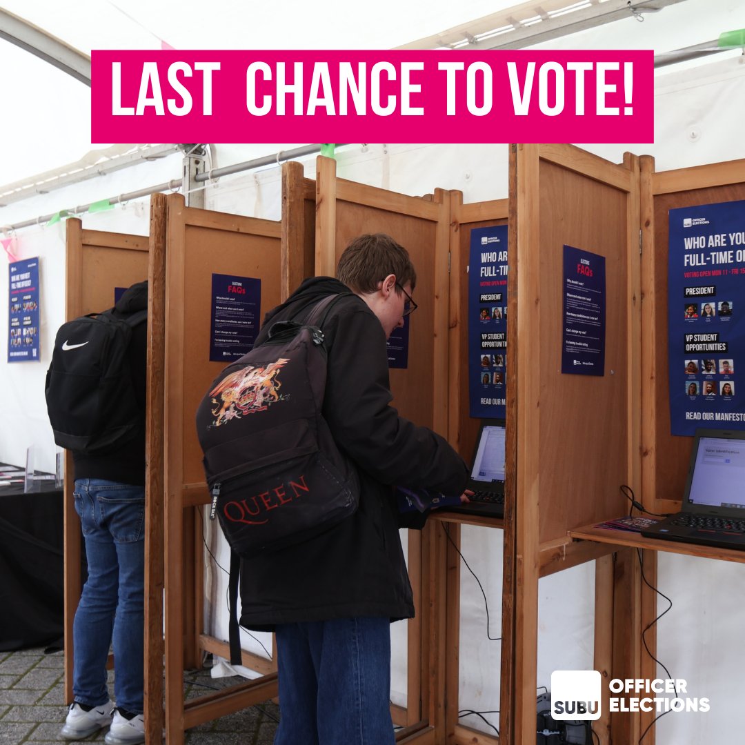 Today's the LAST DAY to vote to elect your new team of Full-Time Officers! 🗳️ Online voting is open until until 10am today. After that, you can vote in person from 10am to 4pm on both Talbot and Lansdowne Campus. Results will be announced on Tuesday, 19th March.