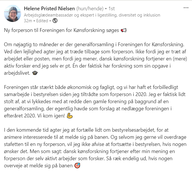 Ifm. vores kommende generalforsamling d. 15. maj skal vi finde en ny forperson - er det mon dig? 🧐 Stor TAK til Helene Pristed for at tage roret for 4 år siden, og for at have været med til at lede Foreningen tilbage til fuld vigør 😊👏