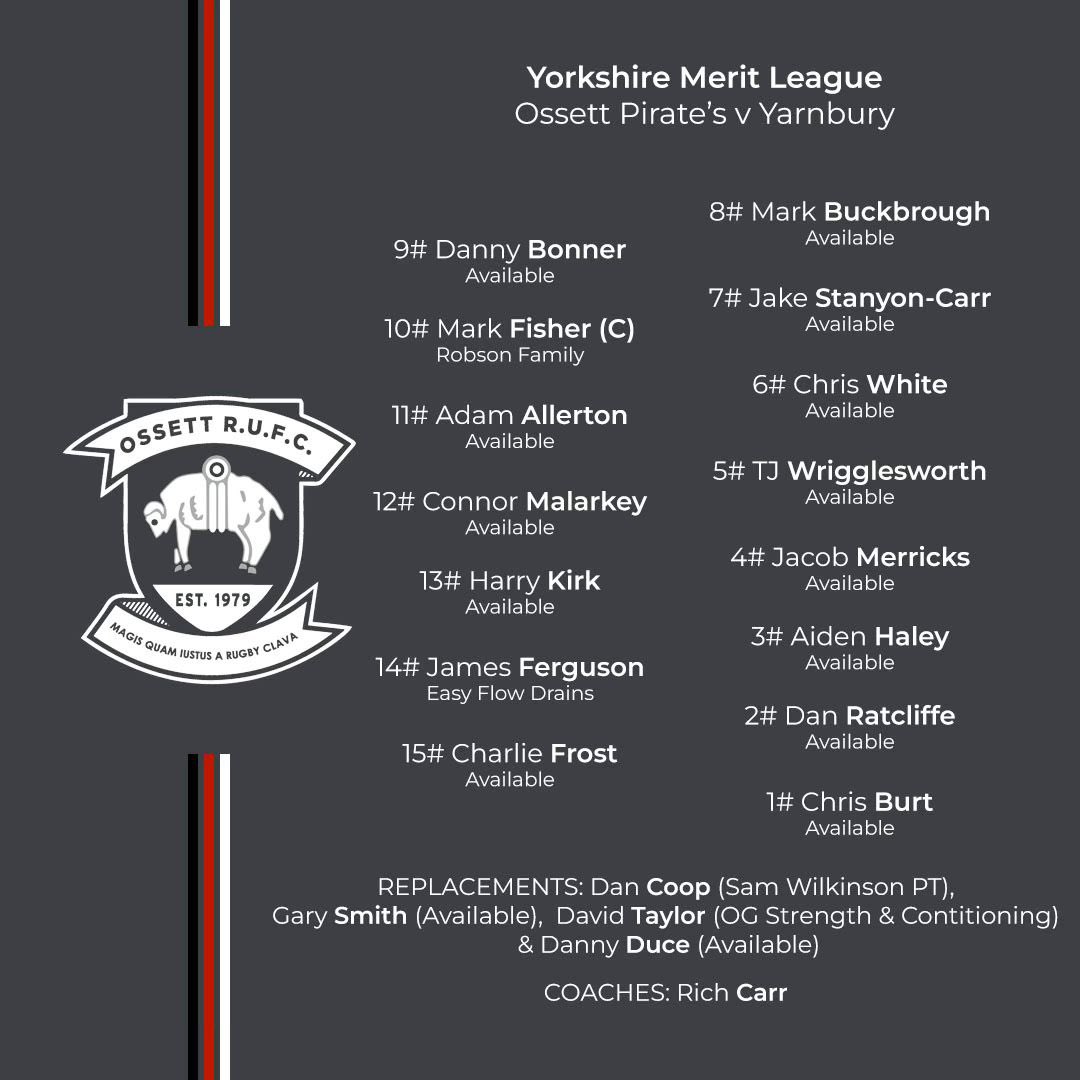 OssettRugby's tweet photo. 📣 Fixtures &amp; Squad
1️⃣’s
🏉 @ossettrugby vs @YarnburyRFC 
⏱ 3.00PM KO
🗓️ 16th March
📍 Queens Terrace, Ossett, WF5 8JT
👏 Sponsored By @thornhillarlfc 

🏴‍☠️’s
🏉 #Ossett #pirates vs #Yarnbury 2
⏱ 3.00PM KO
🗓️ 16th March
📍 Brownberrie Lane, Leeds, LS18 5HB
LET’S GOOOOOO! #rugby https://t.co/5d6K5bcWeb