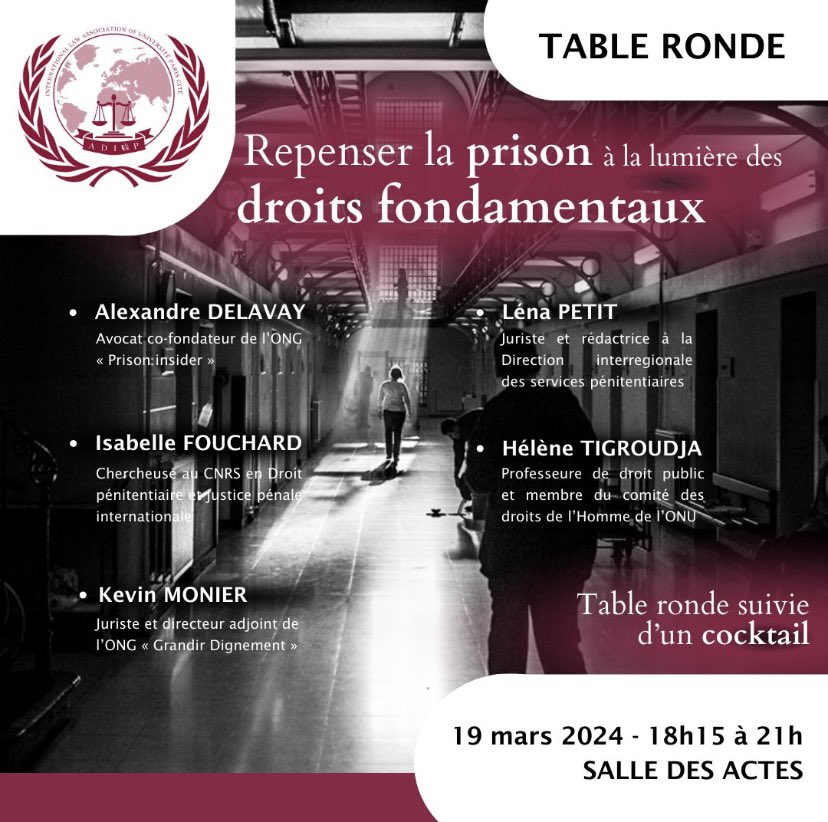 📣Annonce d’une table ronde📣

Nous sommes fiers de vous annoncer notre participation à la table ronde de l’ADIUP !

🗓️ Mardi 19 mars de 18h15 à 21h

🎙️Repenser la prison à la lumière des droits fondamentaux 

💻Dispo en ligne 

✒️Inscription obligatoire: lnkd.in/eEjiHnBG