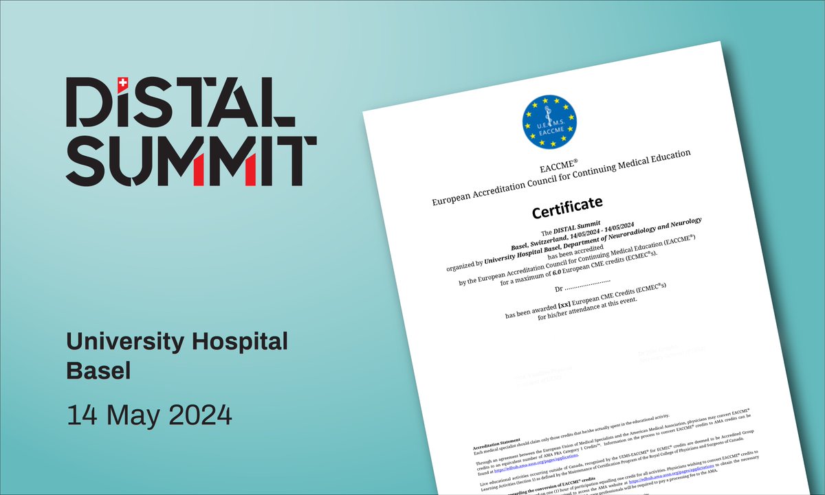 DISTAL Trial (@distalthe) on Twitter photo It is our pleasure 🙏🏼 to inform you that the European
Accreditation Council for Continuing Medical Education (<a href="/eaccme/">EACCME</a>) has accredited our #DISTALsummit with 6️⃣ credits!
<a href="/ESOstroke/">European Stroke Org</a> <a href="/esmintsociety/">ESMINT Society</a> <a href="/UniSpitalBasel/">UniSpitalBaselCH</a> <a href="/UniBasel_en/">University of Basel</a> <a href="/MPeyT1/">Marios Psychogios</a> <a href="/FishingNeurons/">Urs Martin Fischer</a> It is our pleasure 🙏🏼 to inform you that the European
Accreditation Council for Continuing Medical Education (<a href="/eaccme/">EACCME</a>) has accredited our #DISTALsummit with 6️⃣ credits!
<a href="/ESOstroke/">European Stroke Org</a> <a href="/esmintsociety/">ESMINT Society</a> <a href="/UniSpitalBasel/">UniSpitalBaselCH</a> <a href="/UniBasel_en/">University of Basel</a> <a href="/MPeyT1/">Marios Psychogios</a> <a href="/FishingNeurons/">Urs Martin Fischer</a>
