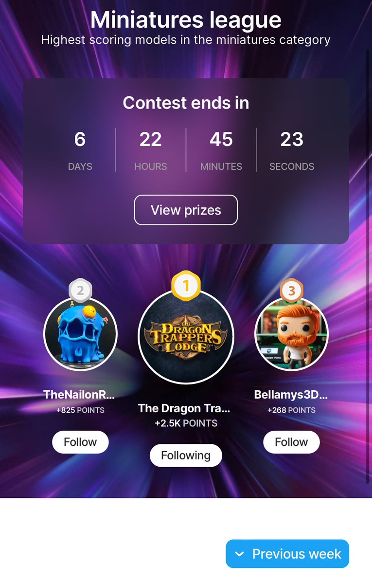 Thangs3DContest's tweet photo. Another week full of awesome performances in each league. Congrats to everyone who placed and as always a big thank you to everyone who participated 🙌

A brand new #ThangsLeaderboard has already begun here: https://t.co/PmY65ZkuIw 

#3DPrinting https://t.co/xynKHawpRl