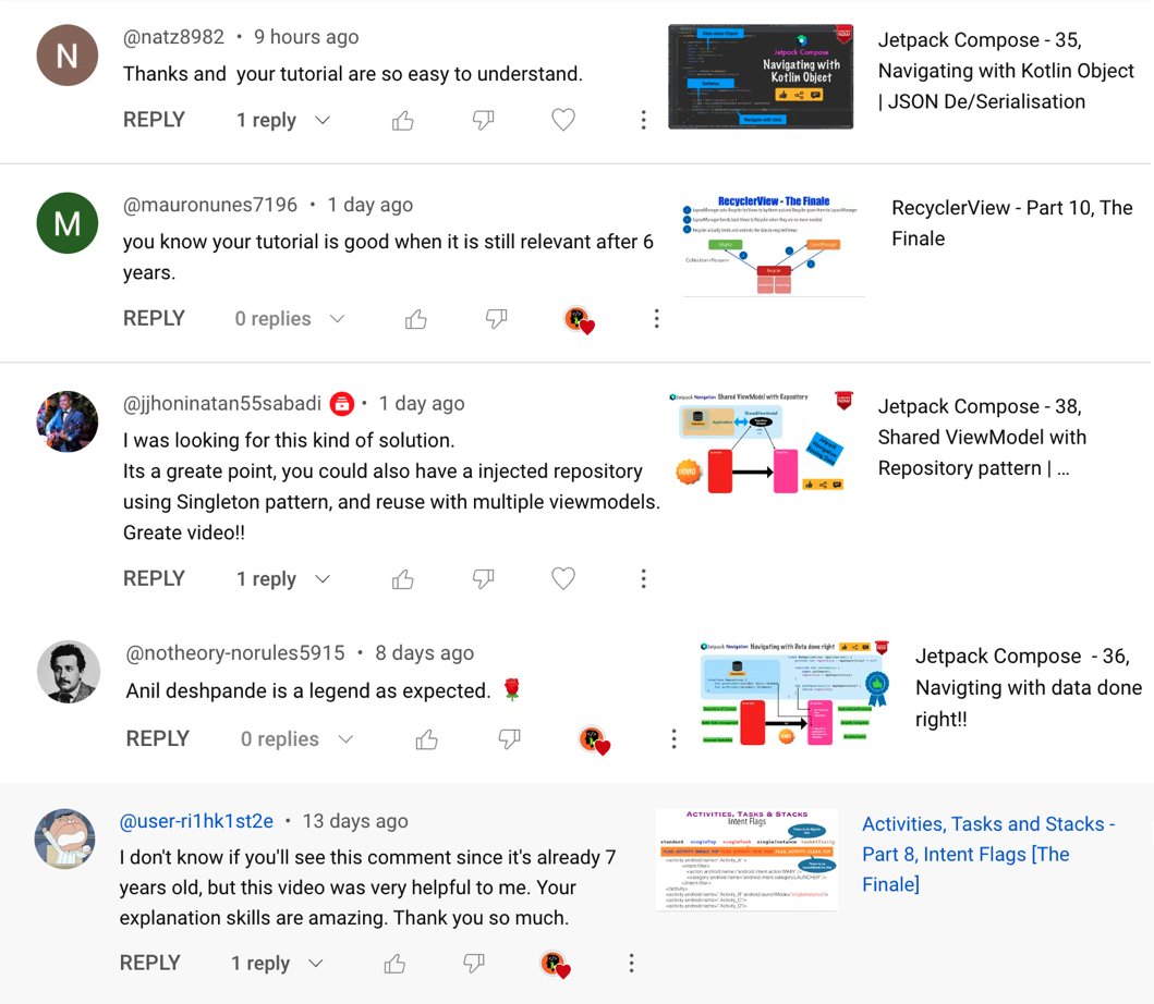 anilvdeshpande's tweet image. Just the kind of comments that you need to keep doing what you are doing!!
Like, Comment, Share and Subscribe - lnkd.in/g9fFXZZb

#codetutor #androiddevelopment #android #kotlin #kotlindeveloper #youtube ##jetpackcompose