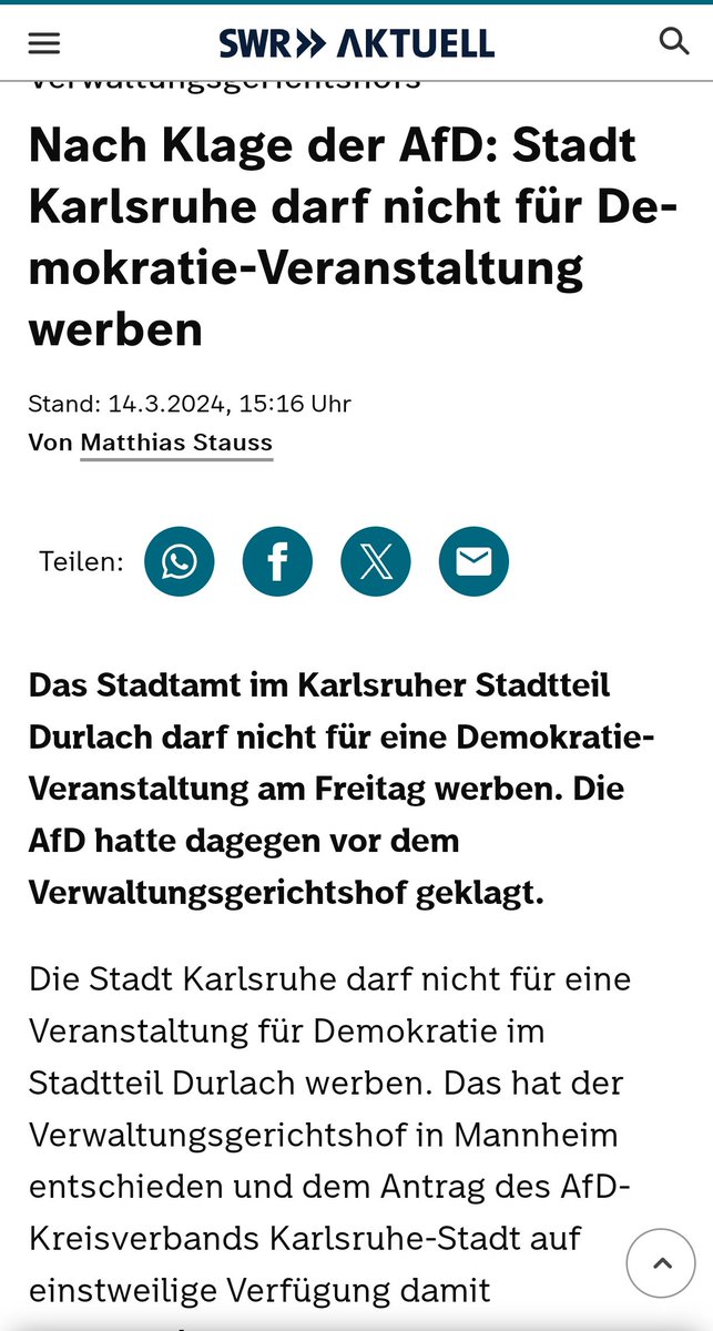 Bitte nicht teilen, dass heute in Karlsruhe Durlach eine Kundgebung für Demokratie stattfindet. Die AfD mag das nämlich gar nicht! 😡👇👇👇