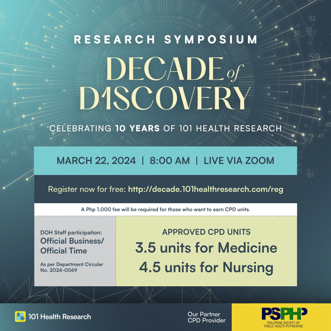 101HealthRsrch's tweet photo. Only 7 days until our #DecadeofDiscovery Symposium! 📆✨ Updates:
- DOH Official Business/Time (Dept. Circular 2024-0069).
- Approved CPD: Medicine (3.5 units), Nursing (4.5 units), thanks @psphpofficial
Register now: https://t.co/wG9C2YoAHH https://t.co/CLgs1d7H6P