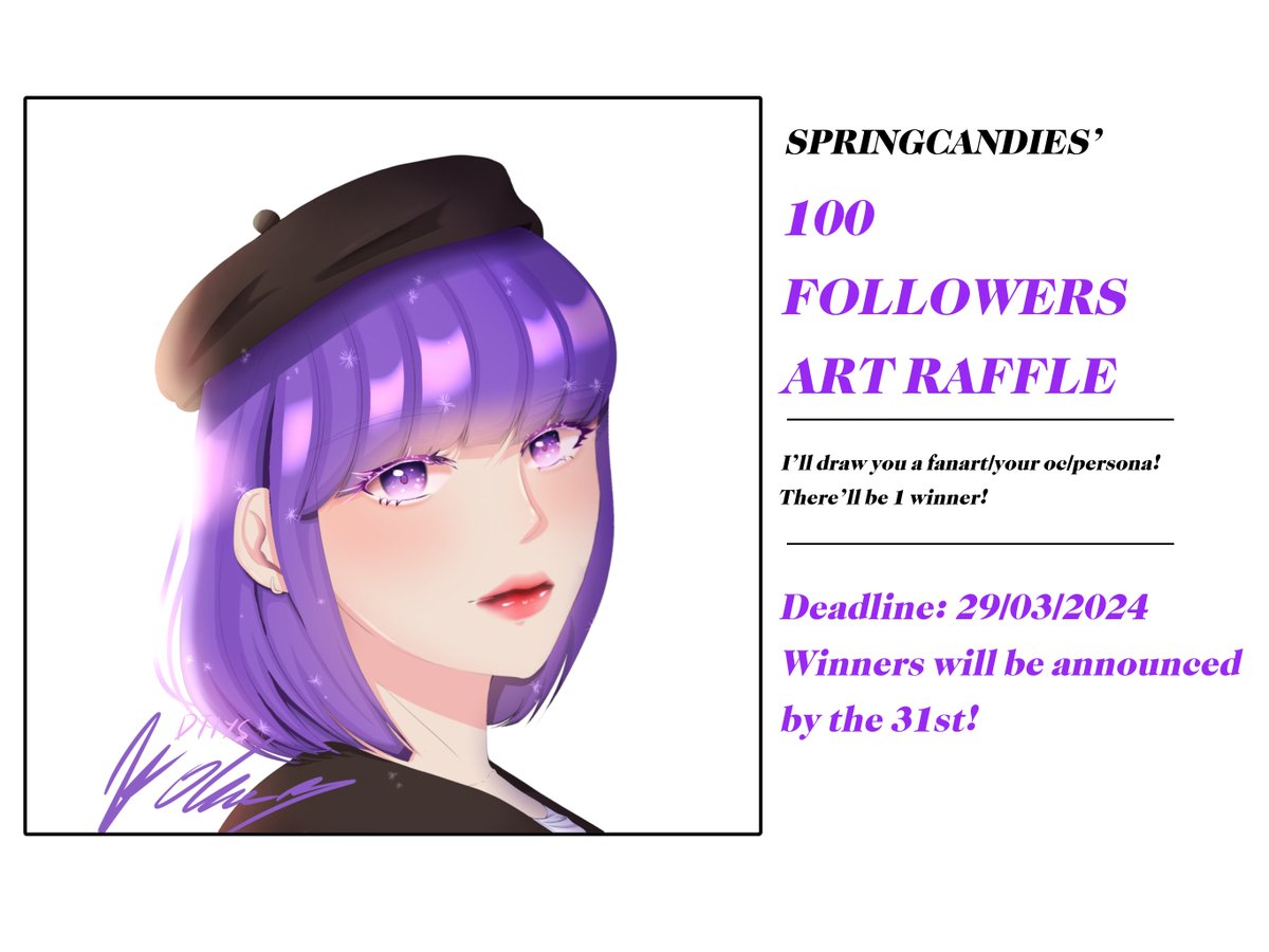 springcandies's tweet photo. 𝐀𝐑𝐓 𝐑𝐀𝐅𝐅𝐋𝐄💕

Celebrating 100 followers with an Art Raffle! I'll draw you a headshot like bellow for lucky winners! Fanarts, OC and persona ✅

Rules: 
1. Follow me 
2. Like this post 
3. Repost this post
4. Please drop a ref sheet in the comments (Optional) 
#artraffle https://t.co/NRLdMoK5g9