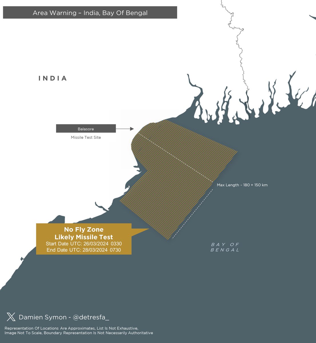 #AreaWarning #India issues a notification for a no fly zone over the Bay Of Bengal Region indicative of a likely missile test Date | 26-28 March 2024