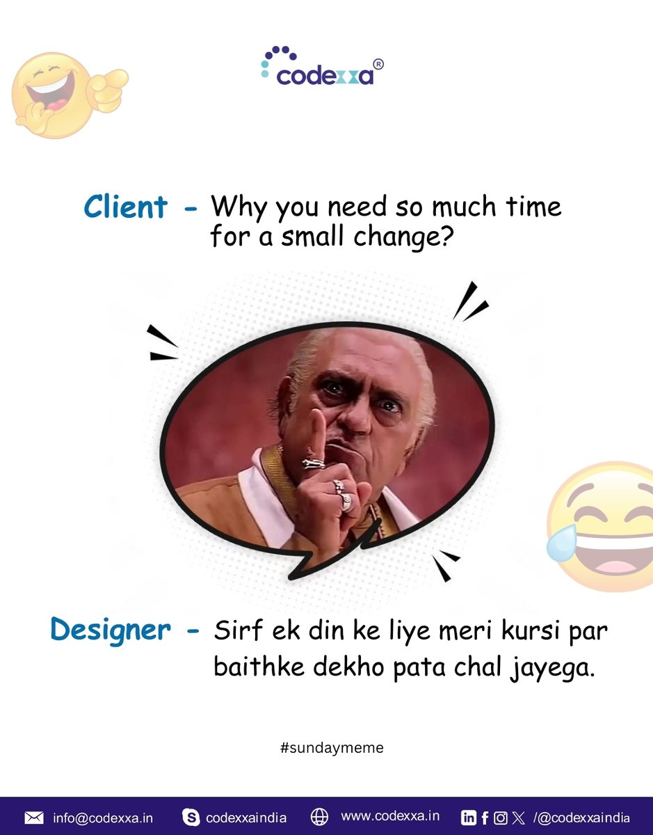 CodexxaIndia's tweet photo. When the client questions why small changes take time, the designer responds: 'Just sit in my chair for a day, you'll understand.' 😅

#codexxa #itcompany #sundaymeme #DesignerLife #ClientExpectations #memesfunny #DesignerProblem #DesignersVsClients #graphicdesigner #DesignerLife https://t.co/gvcktVwBtj