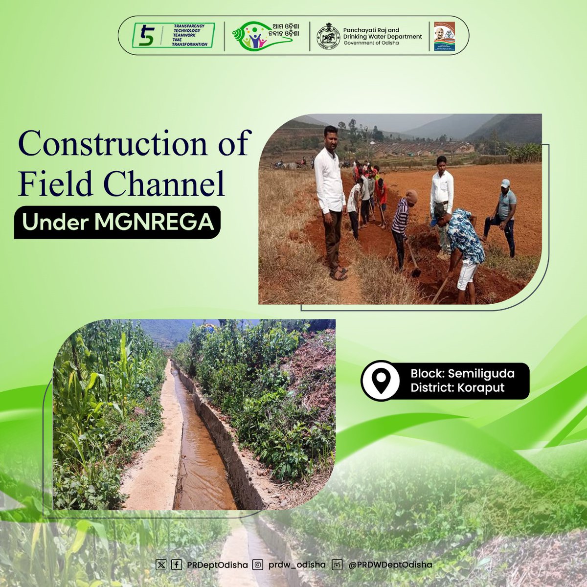 A field channel has been constructed at Semiliguda block in @dmkoraput dist under #MGNREGA initiative, providing irrigation to the farmland of 40 families in the locality. The project not only ensured agricultural productivity but also secured income for beneficiaries of #MGNREGA