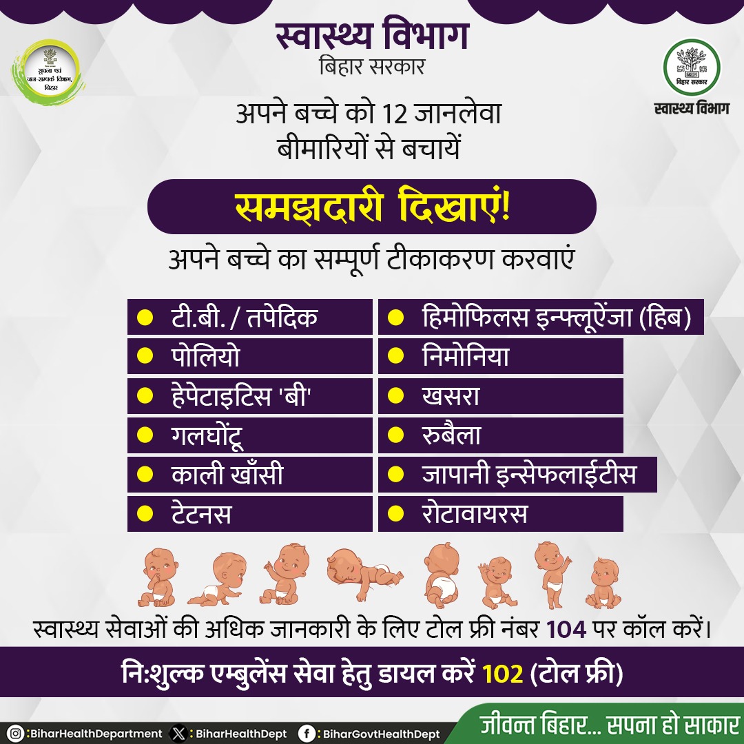 अपने बच्चे को 12 जानलेवा बीमारियों से बचाएं। समझदारी दिखाएं, अपने बच्चे का सम्पूर्ण टीकाकरण करवाएं। @iprdbihar @shsbihar #BiharHealthDept