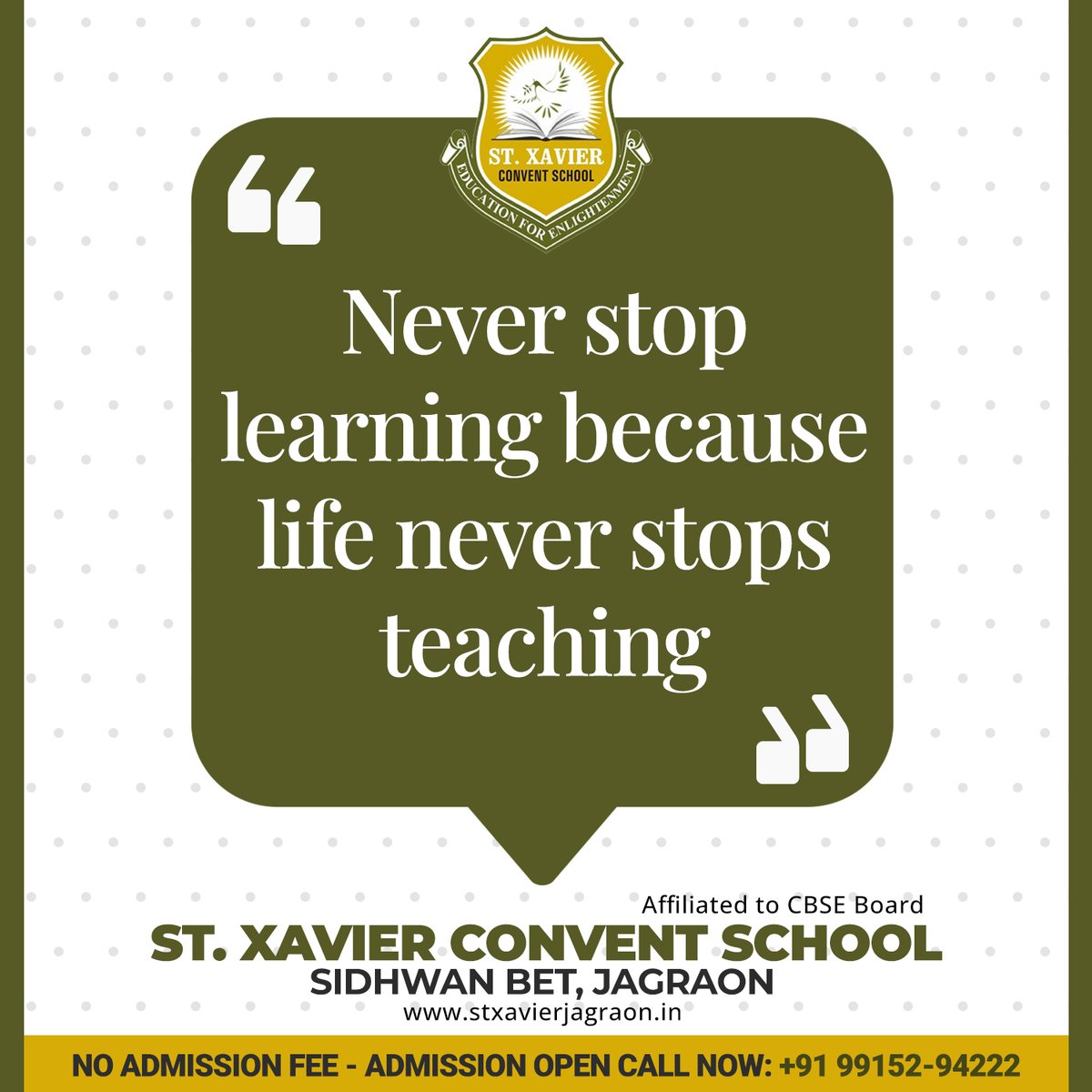 StXCSchool's tweet photo. Never stop learning because life never stops teaching

St. Xavier Convent School
Admission Open For 2024-2025
Sidhwan Bet (Jagraon)
Call Now: +91 99152-94222
#StXavierConventSchool #AdmissionOpen #NoAdmissionFees #Quotes #SidhwanBet #DailyQuotes #Thoughts https://t.co/ANASWmg5OT