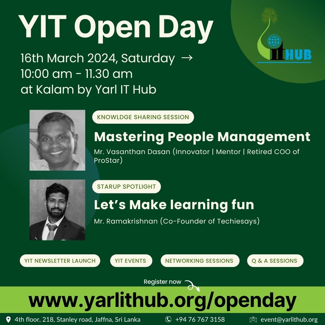 YarlITHub's tweet photo. Yarl IT Hub Open Day - This Saturday, 16th @ Kalam by Yarl IT Hub

Register now - https://t.co/ogfrnVaPmD

#YIT #Openday #Jaffna #Yarl #networking https://t.co/X0YKnp3AiH