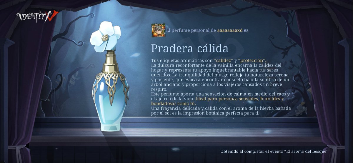 ¡Creé el perfume [Pradera cálida] en el evento «El aroma del bosque»!#ElAromaDelBosque#IdentityV