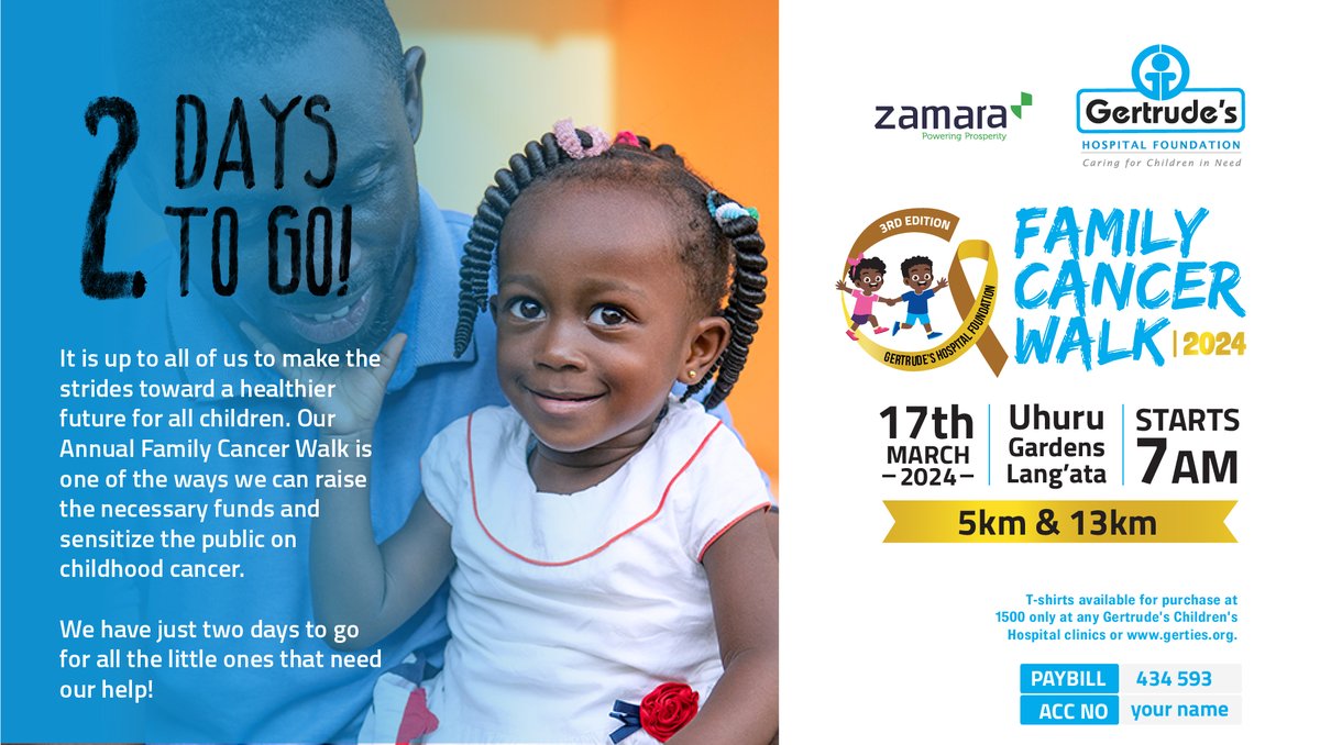 We can make strides toward a healthier future for all children. Our Annual Family Cancer Walk is one of the ways we can raise the necessary funds and sensitise the public on childhood cancer. Call 0705144316. #AnnualFamilyWalk2024 #GertrudesKe