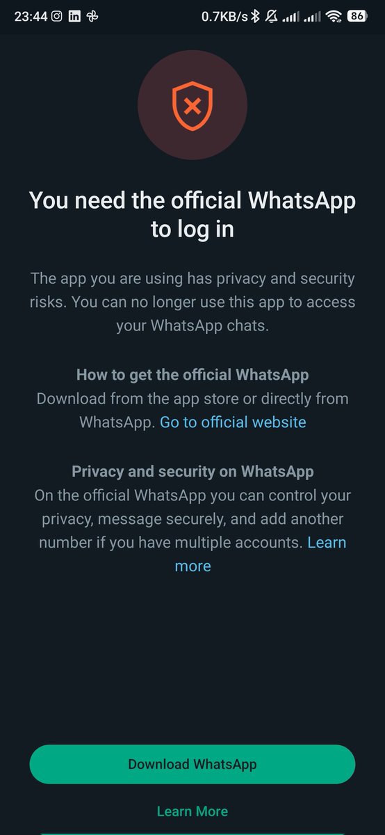 RealHuseyn's tweet photo. @ModsFouad I got this error yesterday. However, I installed the official WhatsApp, they prevent to log in. PLEASE HELP!!! https://t.co/IulCkL5iKW
