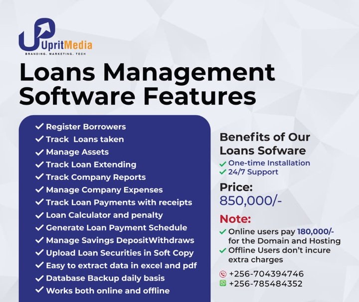 Manage your Sacco or Loan Business today track borrower details, securities, Payments, Company expenses, Loan repayment schedule, Savings, Deposits, withdrawals, Daily weekly monthly and yearly reports and more call or Whatsapp 0701748285 / 0779930639