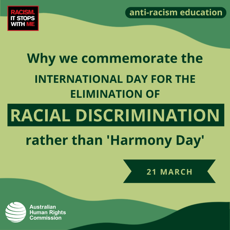 AusHumanRights's tweet photo. Calling #IDERD ‘#HarmonyDay’ causes harm to our collective anti-racism journey. Instead, we must meaningfully acknowledge Australia’s deep-seated issues, question the various ways racism shapes our society, and commit to efforts to eliminate racism. 

#ItStopsWithMe
