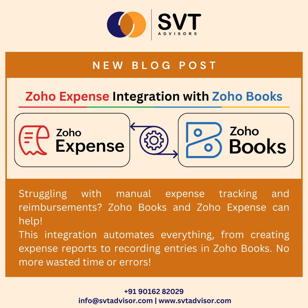 SVTAdvisors's tweet photo. Say goodbye to manual expense tracking! With Zoho Books &amp; Zoho Expense integration, automate everything from reports to entries.
Link: https://t.co/iJRauEBw1w
.
@Zoho @ZohoBooks @ZohoExpense
.
#SVT #SVTAdvisor #Zoho #ZohoBooks #ZohoExpense #ZohoIntegration #ZohoImplementation https://t.co/Wfd7UbfRMH