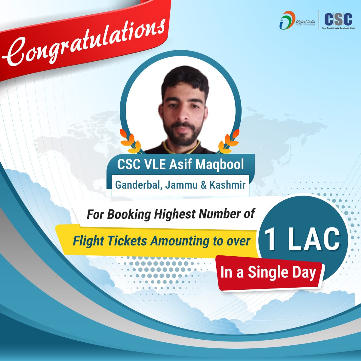 Hats off to VLE Asif Maqbool from Ganderbal! He just booked over 1 Lakh rupees worth of flight tickets in just one day!
