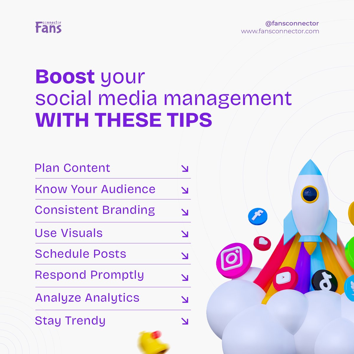 Fansconnector's tweet photo. "🚀 Elevate your social media game with these tips:
1. Plan Content
2. Know Your Audience
3. Consistent Branding
4. Use Visuals
5. Schedule Posts
6. Respond Promptly
7. Analyze Analytics
8. Stay Trendy
For more strategies, visit https://t.co/Q2ii2xG9fh! #SocialMediaManagement https://t.co/V5lRieAJht
