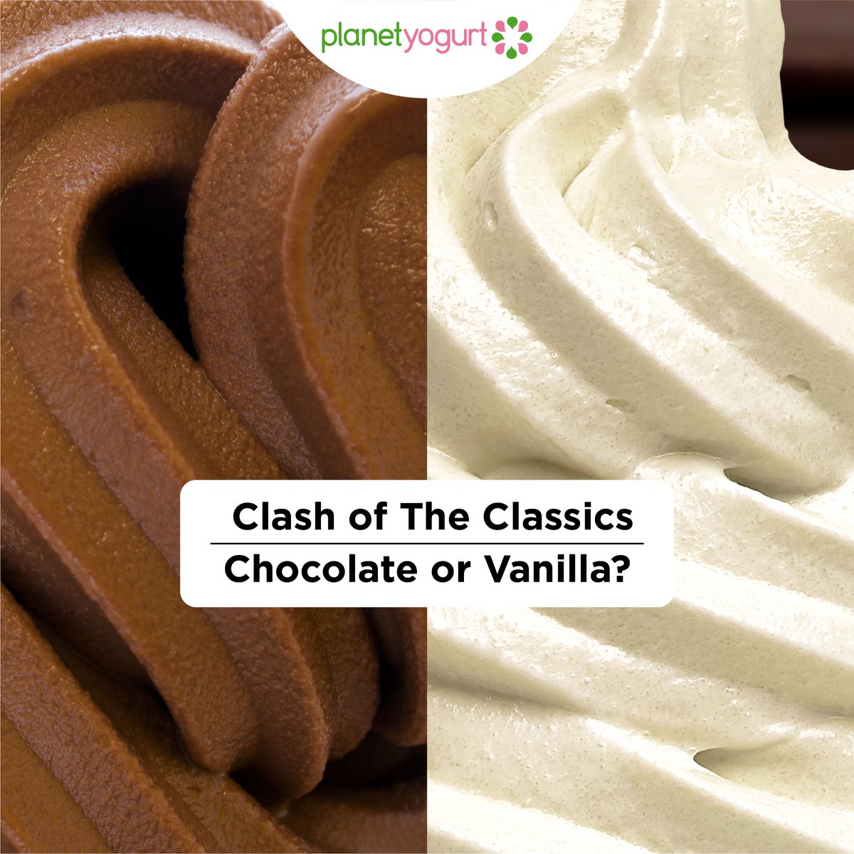 PlanetYogurt's tweet photo. It's a clash of classics! Chocolate squares off against Vanilla in the ultimate Froyo showdown. Which side are you on?
Grab a tub and get in on the fun ✨
#PYVibes https://t.co/8imF1dNUuq