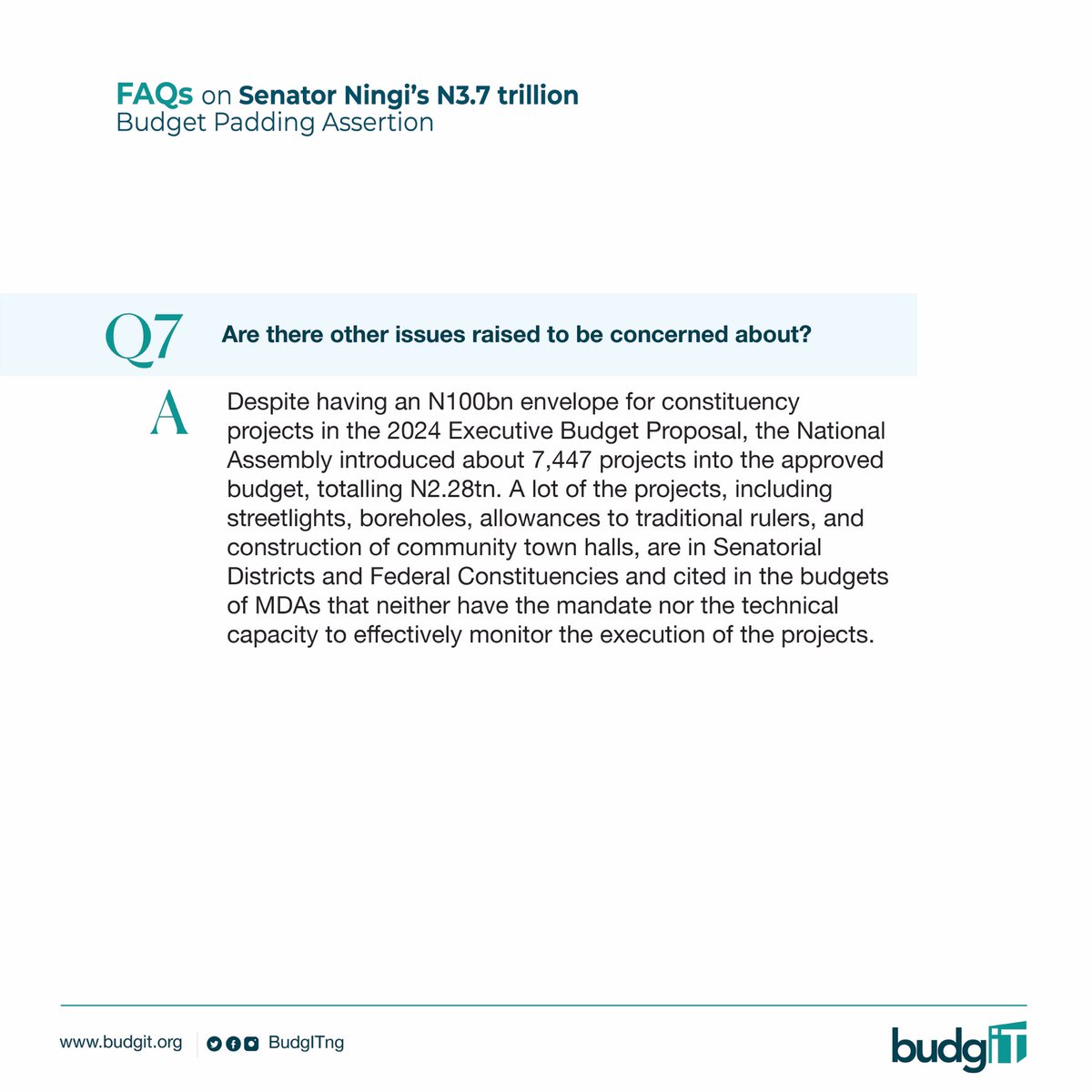 Dear Nigerians, Below are responses to frequently asked questions regarding Senator Ningi's allegation of N3.7tn budget padding. - Is Sen. Abdul Ningi's allegation of budget padding true? - What do we know about the vague N3.32tn expenditure in the 2024 budget? #AskQuestions