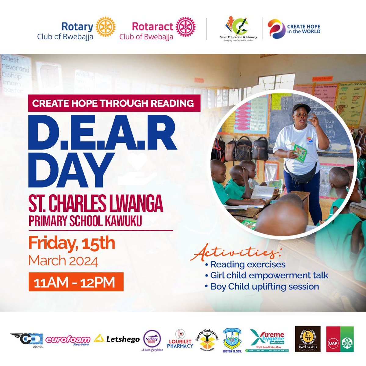 It's back and Big , I mean Dropping Everything And Read ( D.E.A.R Day) 
We shall be at St Charles Lwanga Primary School Kawuku for this big day . Kindly join us for #DEARDay 
#CreatingHopeThroughReading