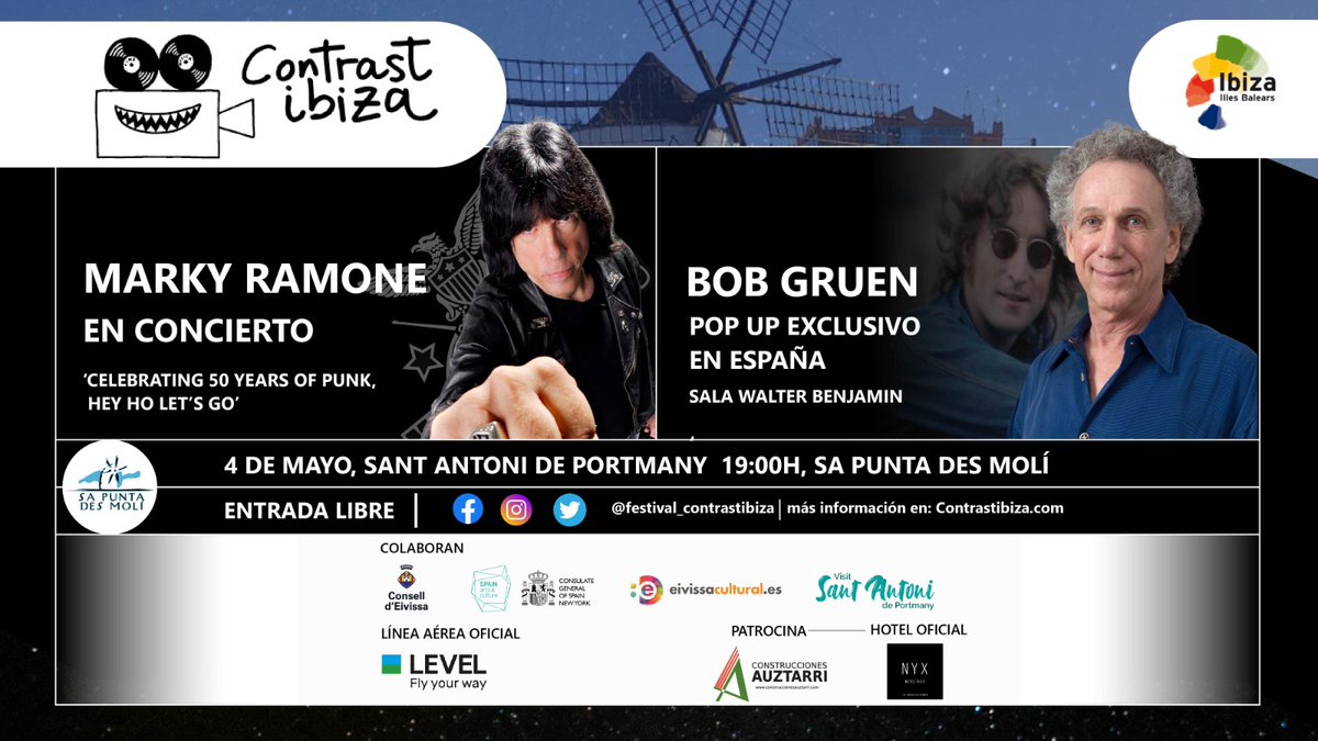 Marky Ramone y Bob Gruen juntos en Ibiza el próximo 4 de mayo en Sa Punta des Molí de Sant Antoni de Portmany

🥁 Marky dará un concierto especial para celebrar el 50 aniversario del nacimiento del Punk

📸 Gruen expondrá sus fotografías por primera vez en España.