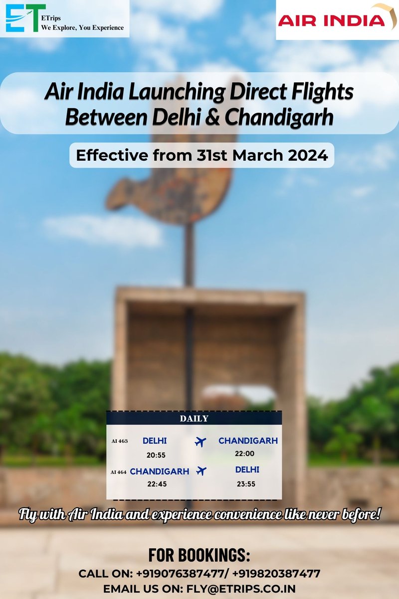 Air India Launching Direct Flights Between Delhi & Chandigarh
@airindia #AirIndia #DirectFlights #DelhiChandigarh #Etrips #Flightbooking #Hotelbooking #Tourpackage #Booknow #NewRoute #TravelIndia #AirTravel #ConvenientTravel #FlightLaunch #ExploreIndia #TravelConvenience