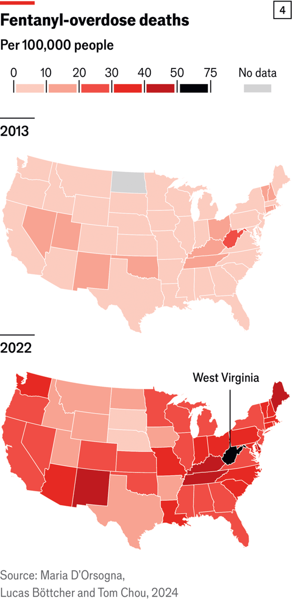 ObsCIcrim's tweet photo. "Every 14 months more Americans die from taking the drug than were killed in all of the country’s wars combined since 1945.” America’s #fentanyl epidemic, explained in six charts @TheEconomist https://t.co/cejcYREZyH