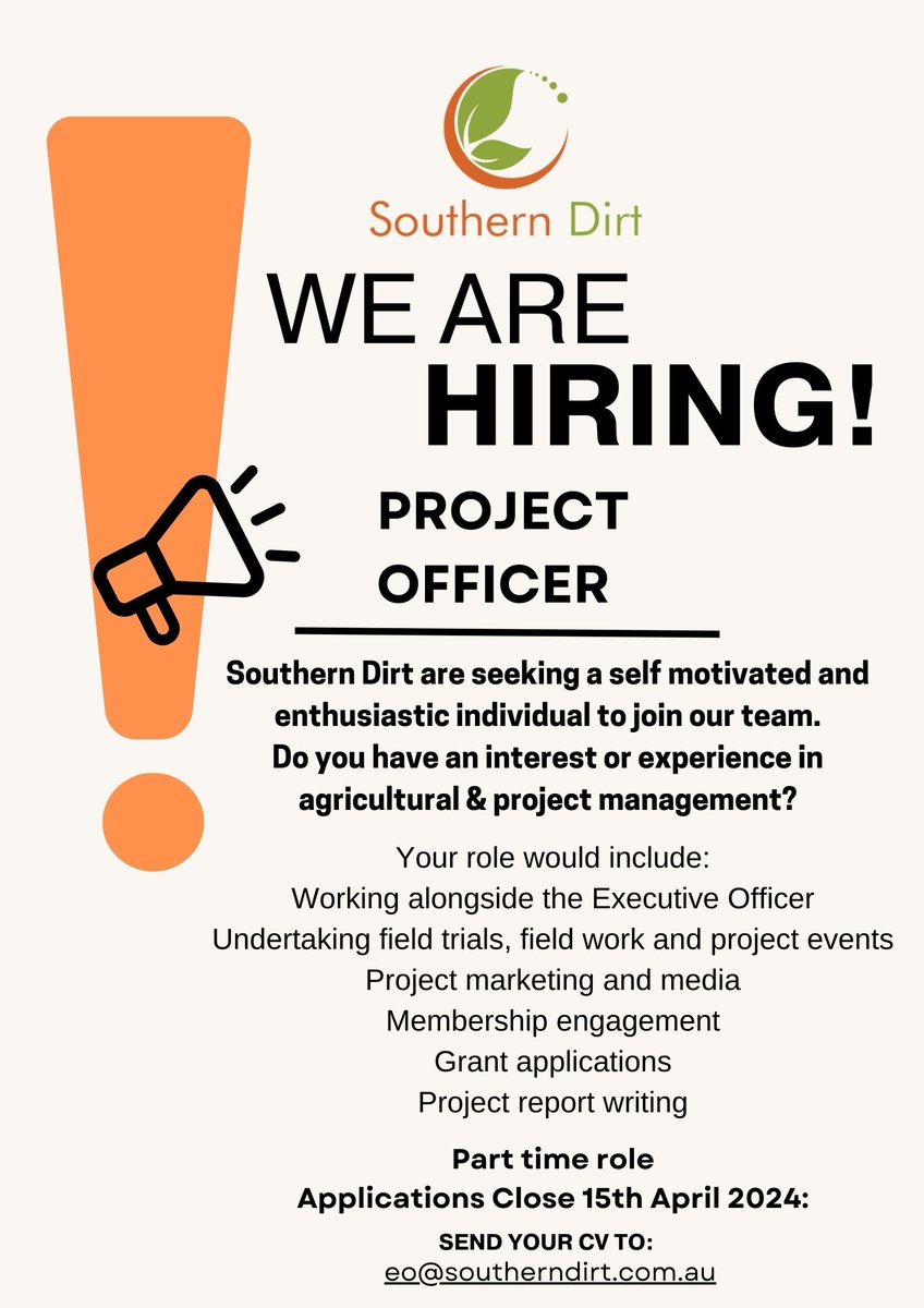 We are hiring! An opportunity is available to join our developing team at Southern Dirt. If you are motivated and passionate about agriculture and our local community then this flexible role could be just right for you! Send your CV to Sheridan or apply via our SEEK ad.