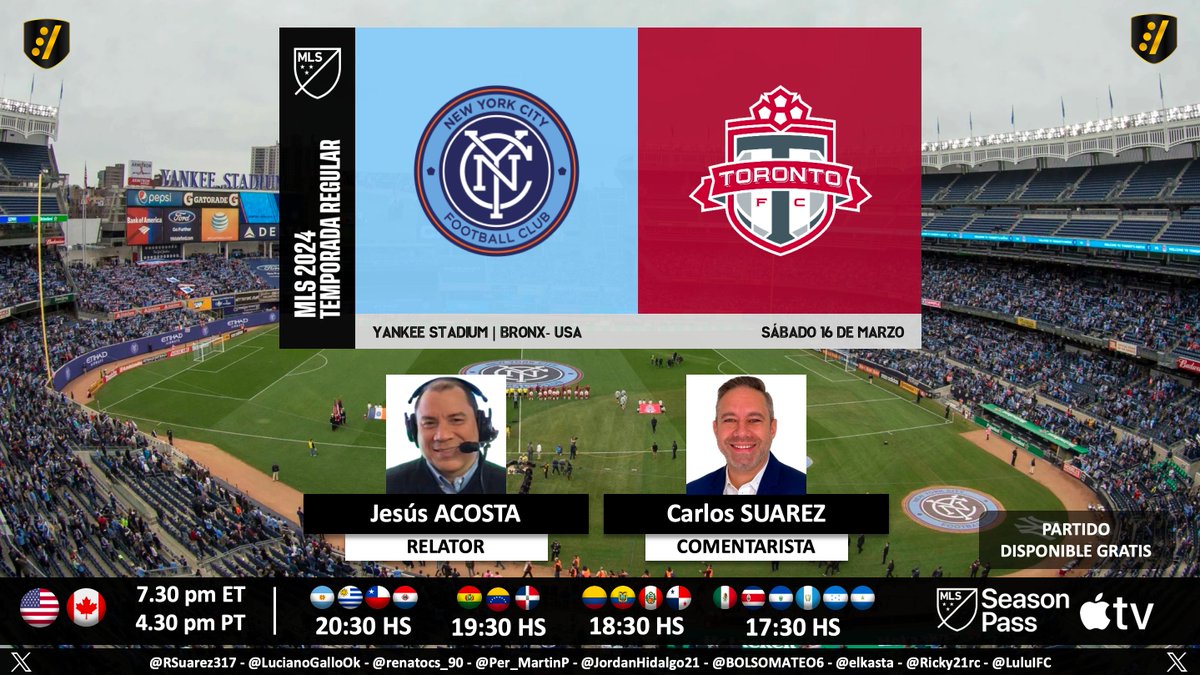 #MLS 🇺🇸 | #NYCFC vs. #TorontoFC 🎙 Relator: @jesuseacosta 🎙 Comentarista: @CarlitosSuarez 💻📱 MLS Season Pass en @AppleTV (gratis) 🤳 #MLSSeasonPass - #MLSisBack - #NYCvTOR Dale RT 🔃
