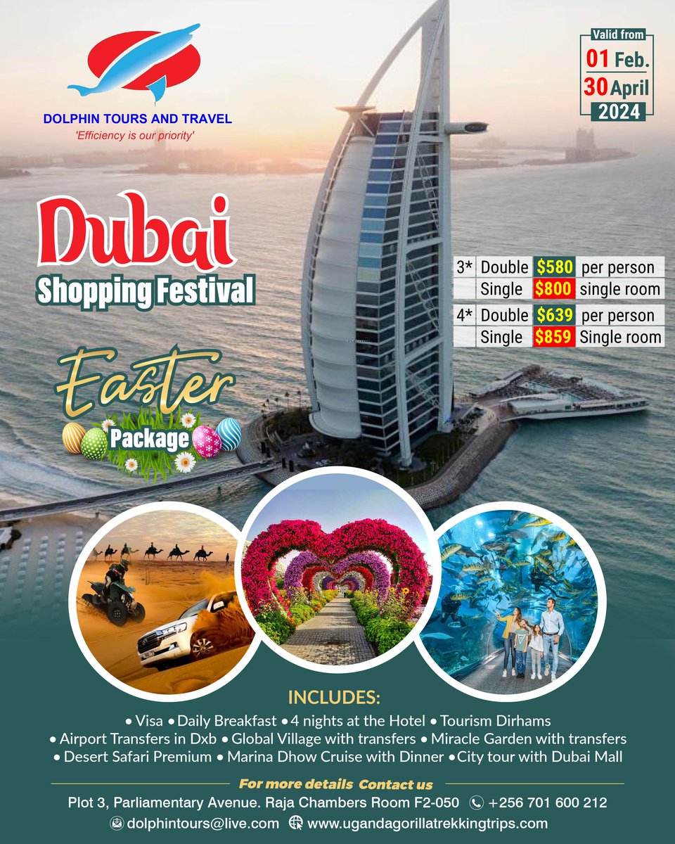Take a break to refresh and refocus

Visit #Dubai this Easter season

#dubaishoppingfestival #EasterHolidays

Book through;
WhatsApp 0701600212
📧 dolphintours@live.com
