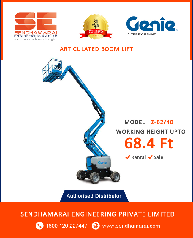 Perfect To work at heights reaching up to 68 feet in a very efficient way with higher productivity!  Versatile design with most advanced and safest features enduring safe work at heights.

Available : Rental &amp;  Sales

Contact 1800 120 227447 | sendhamarai.com