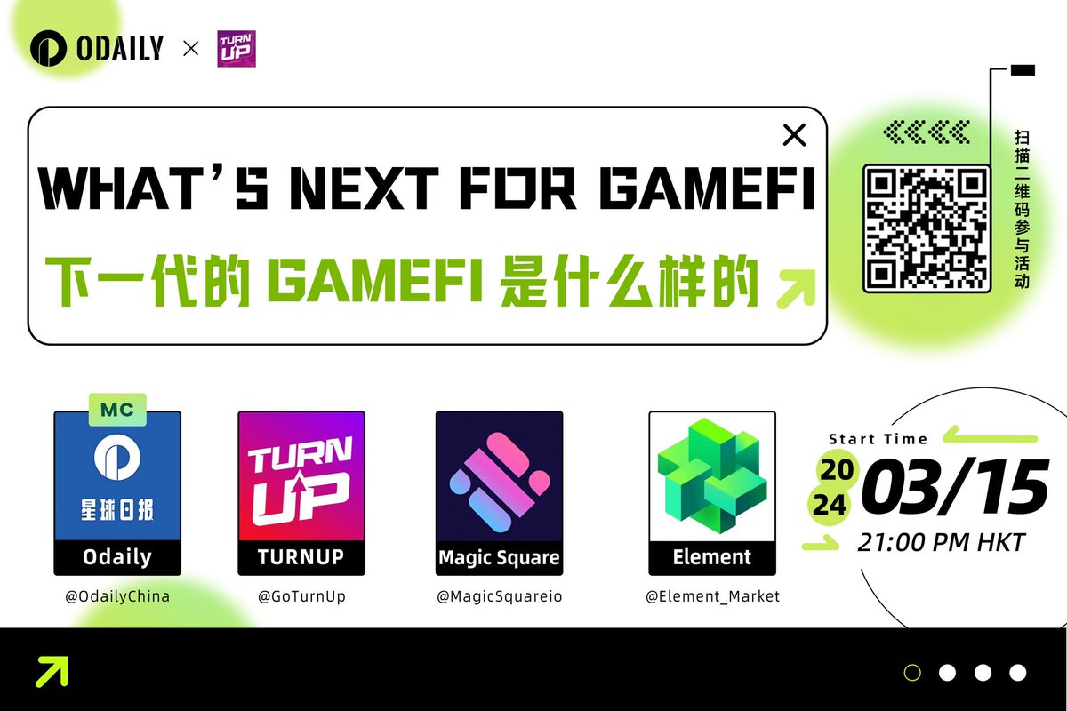 Odaily@ChinaCryptoNews (@odailychina) on Twitter photo Odaily星球日报✖️Turn Up
🎙️ WHAT’S NEXT FOR GAMEFI
下一代的 #GAMEFI 是什么样的❓
MC:<a href="/OdailyChina/">Odaily@ChinaCryptoNews</a>
嘉宾:<a href="/GoTurnUp/">Official TURNUP Account Migrated To: @TURNUPDOTXYZ</a>
<a href="/MagicSquareio/">Magic Square</a>
<a href="/Element_Market/">Element NFT Marketplace</a>
🕐03/15 晚21:00(BJT)
📌关注<a href="/OdailyChina/">Odaily@ChinaCryptoNews</a> ➕<a href="/GoTurnUp/">Official TURNUP Account Migrated To: @TURNUPDOTXYZ</a>
📌一键三连,评论区艾特三位朋友
💰抽取五位朋友瓜分100u奖励喔~ Odaily星球日报✖️Turn Up
🎙️ WHAT’S NEXT FOR GAMEFI
下一代的 #GAMEFI 是什么样的❓
MC:<a href="/OdailyChina/">Odaily@ChinaCryptoNews</a>
嘉宾:<a href="/GoTurnUp/">Official TURNUP Account Migrated To: @TURNUPDOTXYZ</a>
<a href="/MagicSquareio/">Magic Square</a>
<a href="/Element_Market/">Element NFT Marketplace</a>
🕐03/15 晚21:00(BJT)
📌关注<a href="/OdailyChina/">Odaily@ChinaCryptoNews</a> ➕<a href="/GoTurnUp/">Official TURNUP Account Migrated To: @TURNUPDOTXYZ</a>
📌一键三连,评论区艾特三位朋友
💰抽取五位朋友瓜分100u奖励喔~