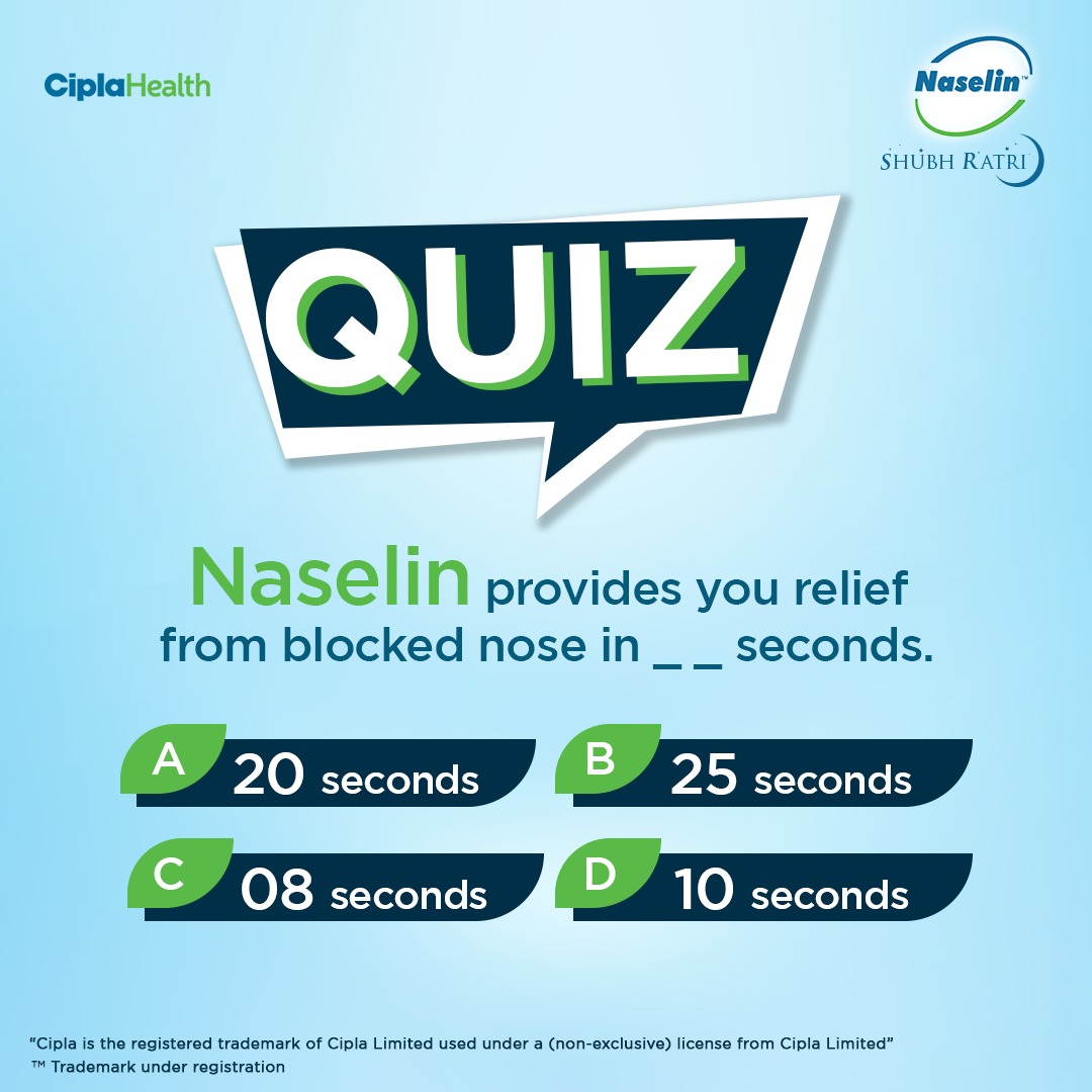 Let's put your Naselin knowledge to the test! How long does Naselin take to clear a blocked nose? Tell us your answer and challenge your friends too! #CiplaHealth #Naselin #BlockedNose #Sleep #ShubhRatri