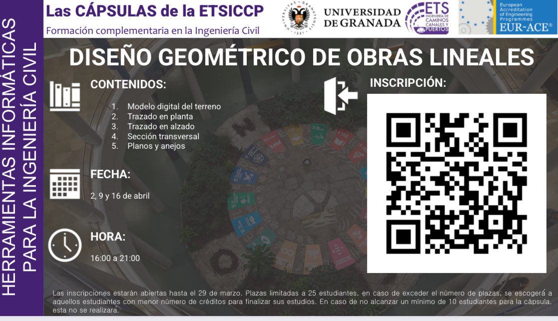 ETSCaminosUGR's tweet image. #Cápsulas #FormaciónComplementaria #DiseñoGeométricoDeObrasLineales dirigido a estudiantes de la ⁦@ETSCaminosUGR⁩

📅2, 9 y 16 de abril
🕢16:00 a 21:00
📝 forms.gle/RXJHorhAmMusP6…