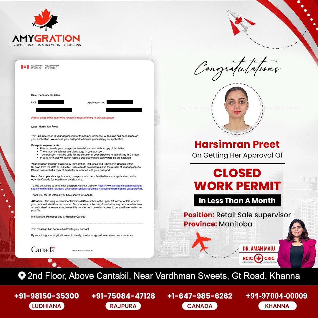 AmanMauj's tweet image. Big congratulations to Harsimran Preet for scoring her Closed Work Permit approval in under a month! 🎉Thrilled to announce her new role as Retail Sales Supervisor in Manitoba! 🛍️ #NewBeginnings #WorkPermitSuccess
contact us:-
.
📞+91 97004-00009; +91 98150-35300