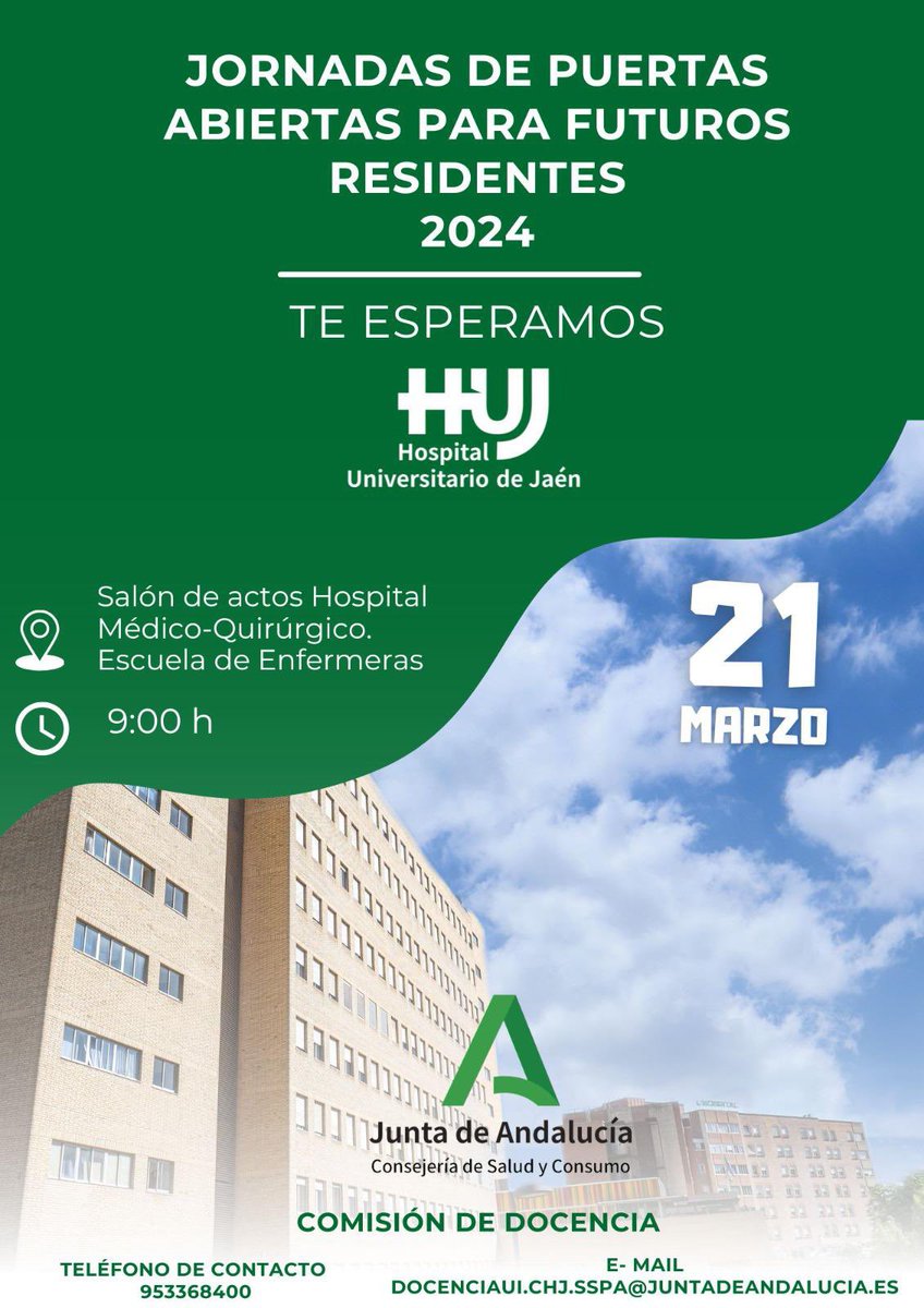 🗣️ Jornada de puertas abiertas para #EIR2024 🧑🏻‍⚕️👨‍💻 en <a href="/HospitalJaen/">Hospital Universitario de Jaén</a> una oportunidad para especializarte ⤵️✅

✔️ Asistencia 🩺🏥 

✔️ Investigación clínica 🔬🧬💊

✔️ Docencia postgrado 👨‍🎓 pregrado #enfermeria 👩‍⚕️ y #medicina 🧑🏻‍⚕️ 

Os esperamos‼️
21 de marzo 📆 9:00 h⏰
<a href="/colmedjaen/">Colegio Oficial de Médicos de Jaén</a>