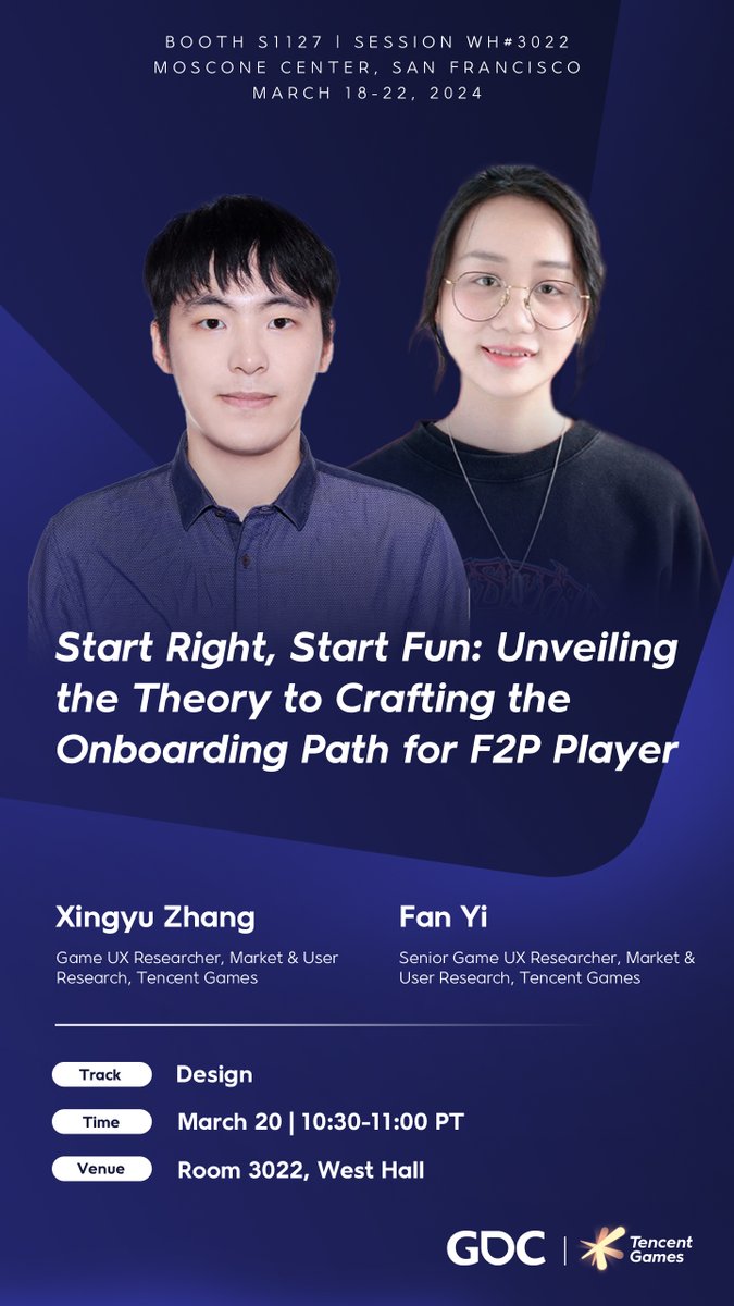 Come join us at #GDC2024 where Tencent experts shed light on Free-to-play (F2P) games user’s onboarding journey! Our Game UX researcher will share the experience game UX equipment and methods to explore users’ gaming behavior. #GameDevelopersConference #GDC #TencentGames