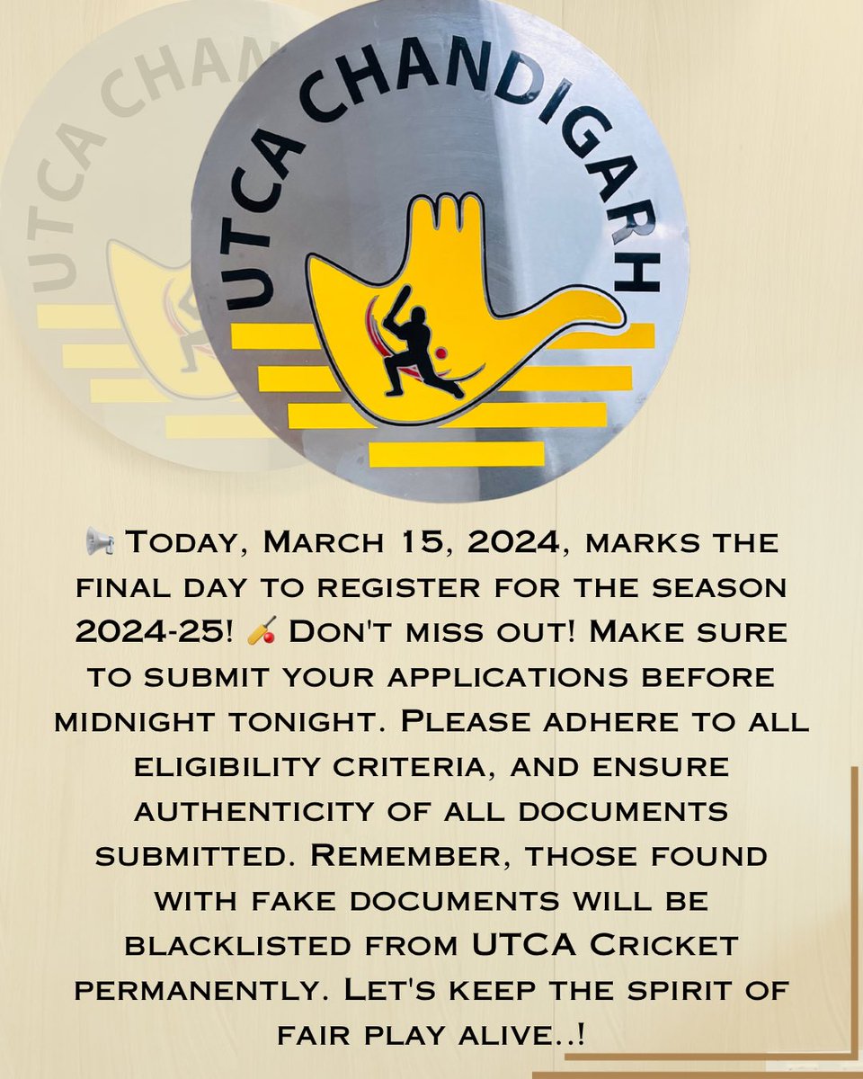 UTCAChd's tweet photo. 🚨 Last call! Today, March 15, 2024, is your final chance to register for the season 2024-25. 🏏 Hurry up and submit your applications before midnight to secure your spot.#UTCACricket #ChandigarhCricket #IntegrityInSport #bcci https://t.co/2gBLrBPdAO